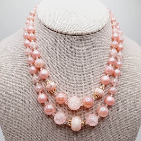 Vintage Japan 1950s Pink Pearl Bead 2 Strand Necklace 16” Signed Hook - Picture 1 of 13